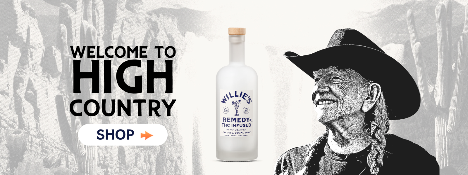 Advertisement for Willie Nelson's Remedies whiskey with a bottle and portrait of Willie Nelson on a textured background.