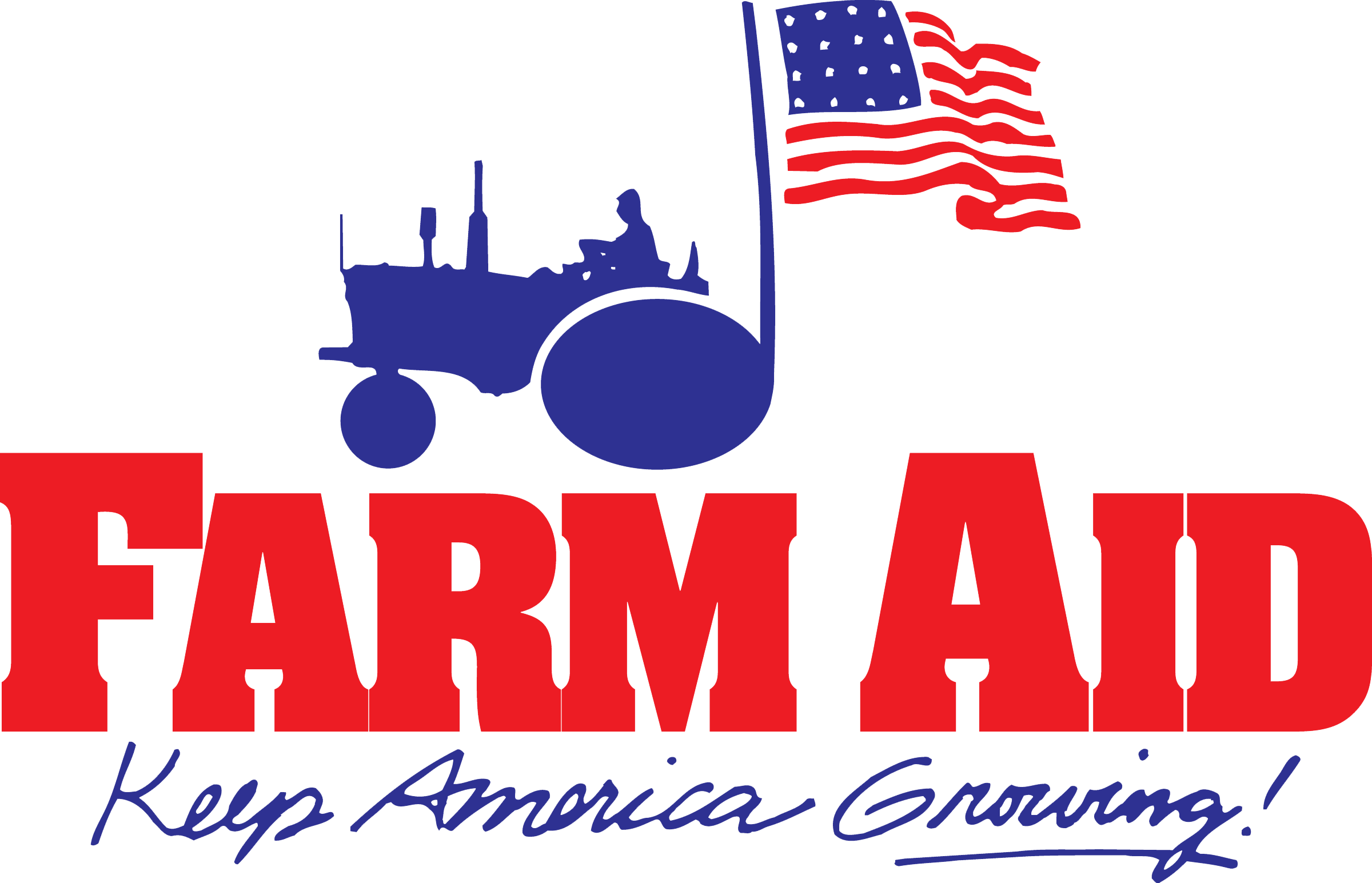 Logo of Farm Aid with a tractor, American flag, and text 'Keep America Growing!' on a white background.