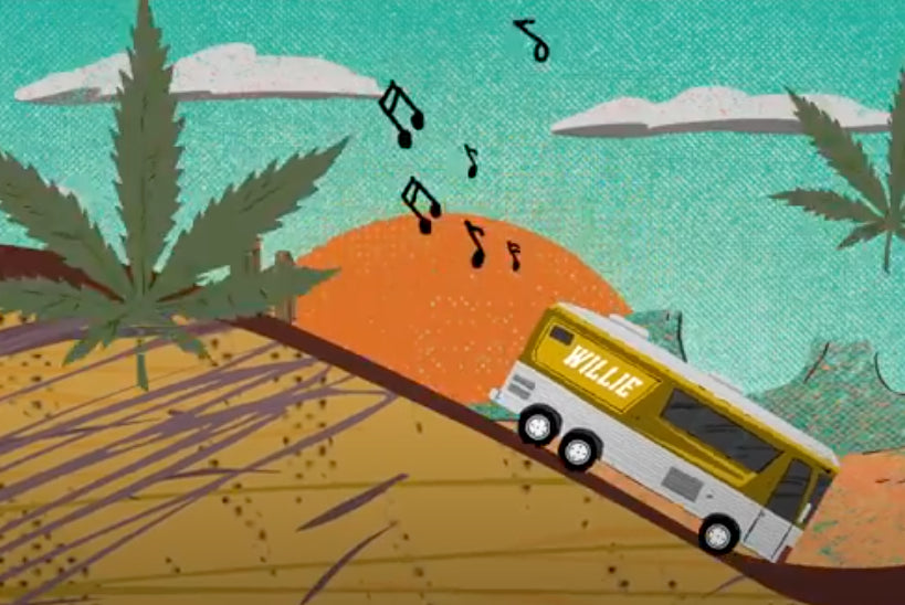 Illustration of a van labeled 'Willie' with musical notes, a cannabis leaf, and desert landscape.