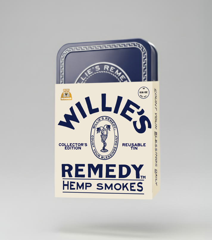 Willie's Remedy hemp smokes packaging on a gray background