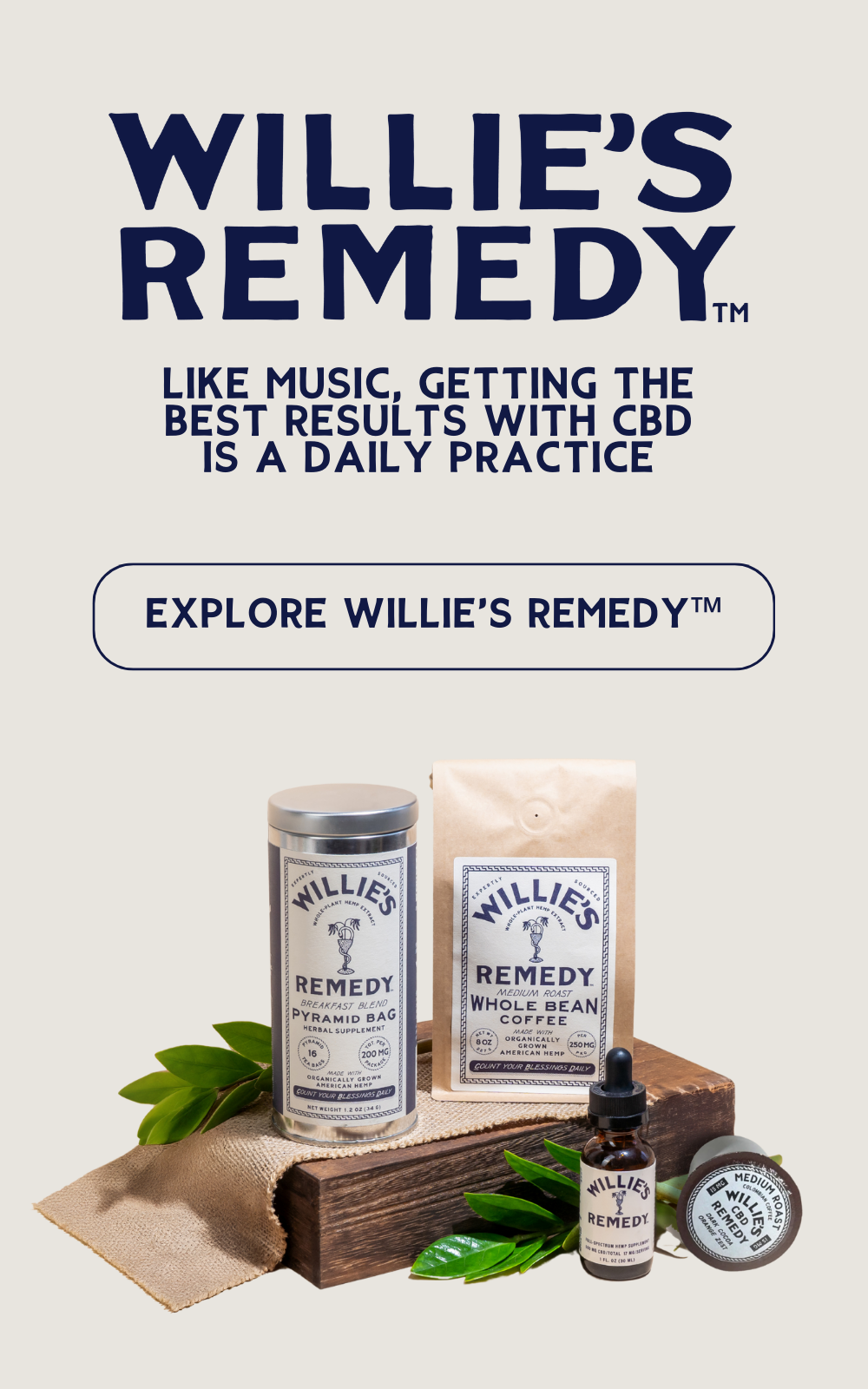Willie's Remedy CBD products including a jar, bag, and bottle on a light background with branding text.