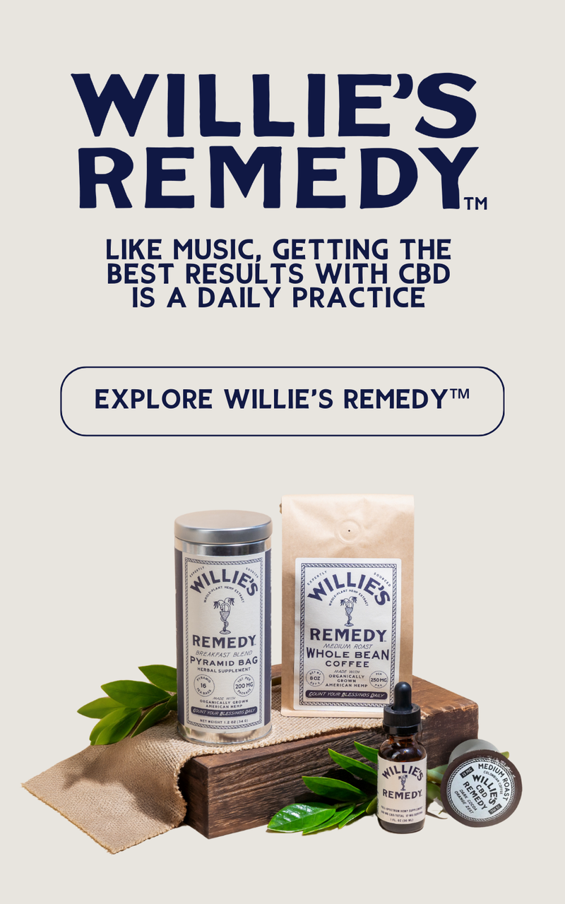 Willie's Remedy CBD products including a jar, bag, and bottle on a light background with branding text.