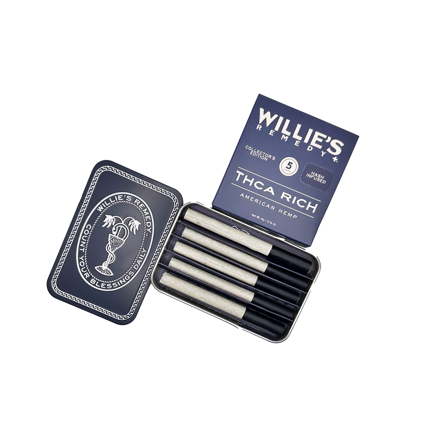 Willie's Remedy cannabis products including a tin with rolled joints and a box on a white background.