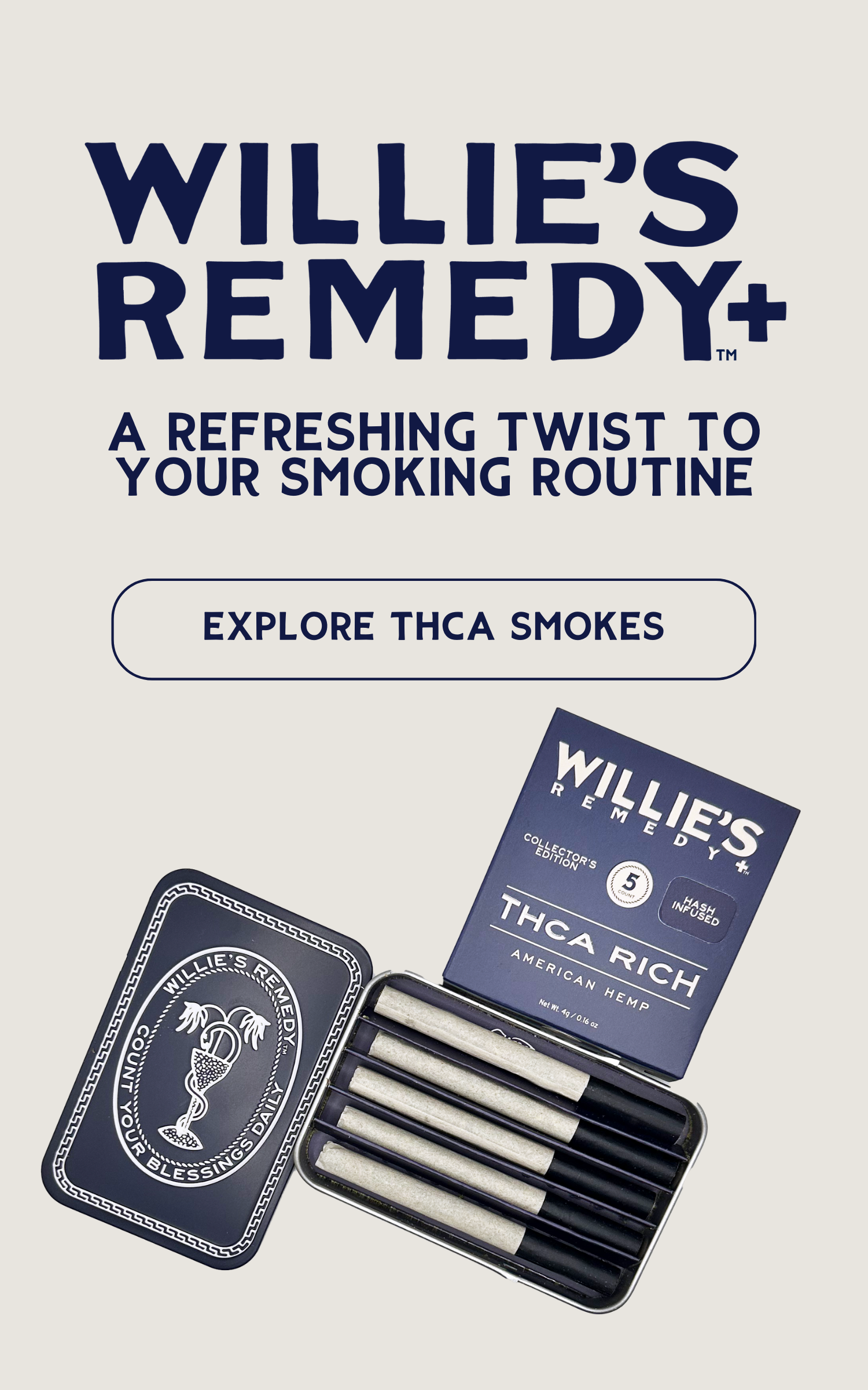 Advertisement for Willie's Remedy with smoking products and packaging on a light background