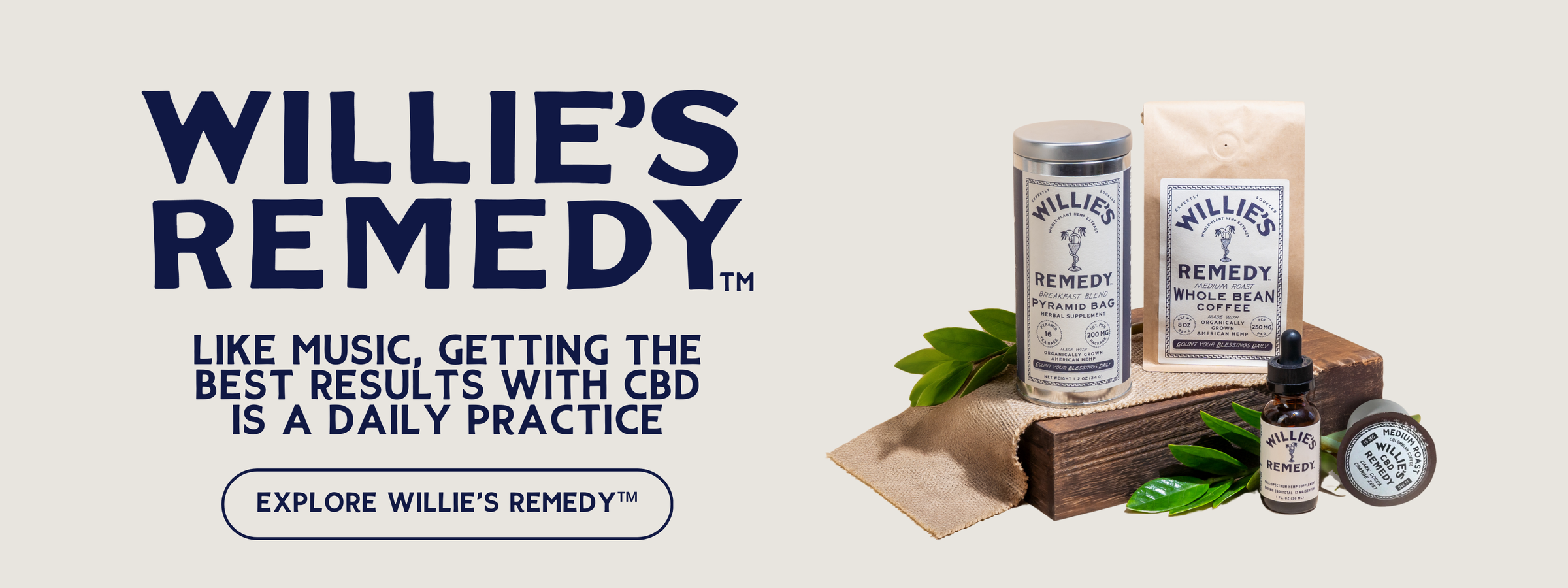 Willie's Remedy CBD products on a light background with text about using CBD.