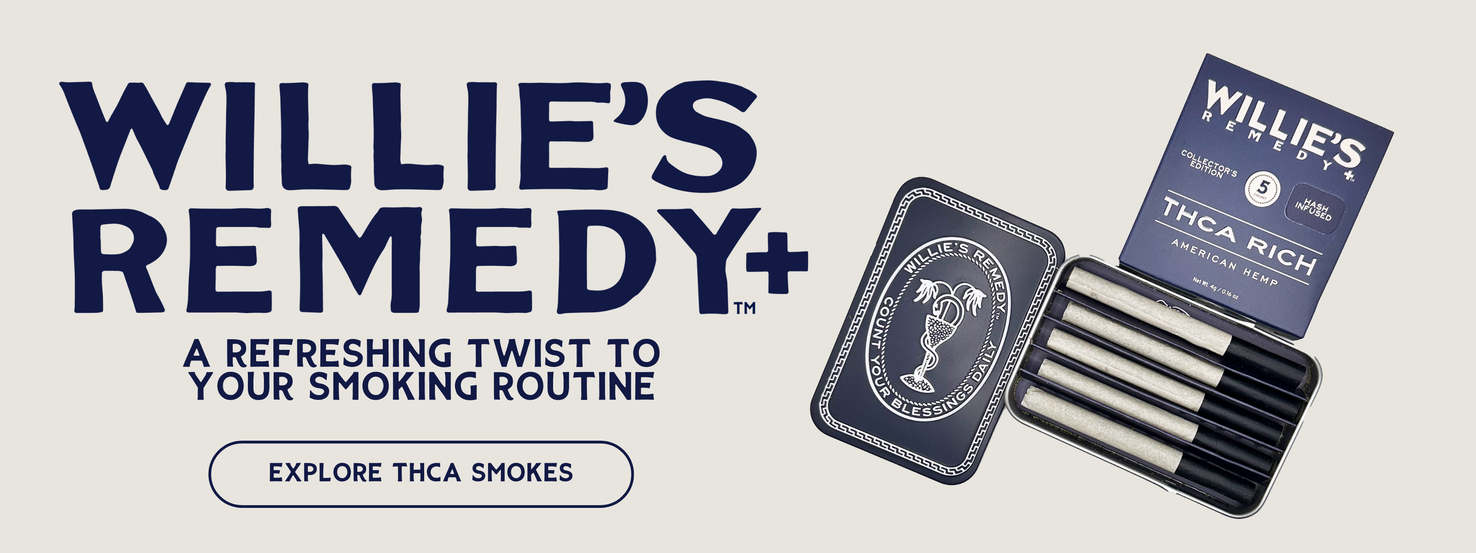 Willie's Remedy+ product packaging with smoking devices on a light background