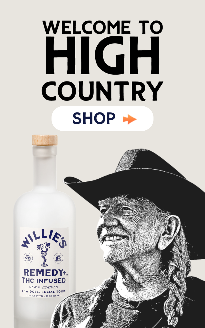 Advertisement for Willies Remedy hemp-derived product with a cowboy hat-wearing figure and 'Welcome to High Country' text.